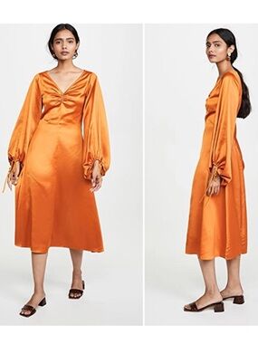 STAUD Sofia Tangerine Orange Balloon Sleeve Satin V-Neck Dress with Ruched Front
